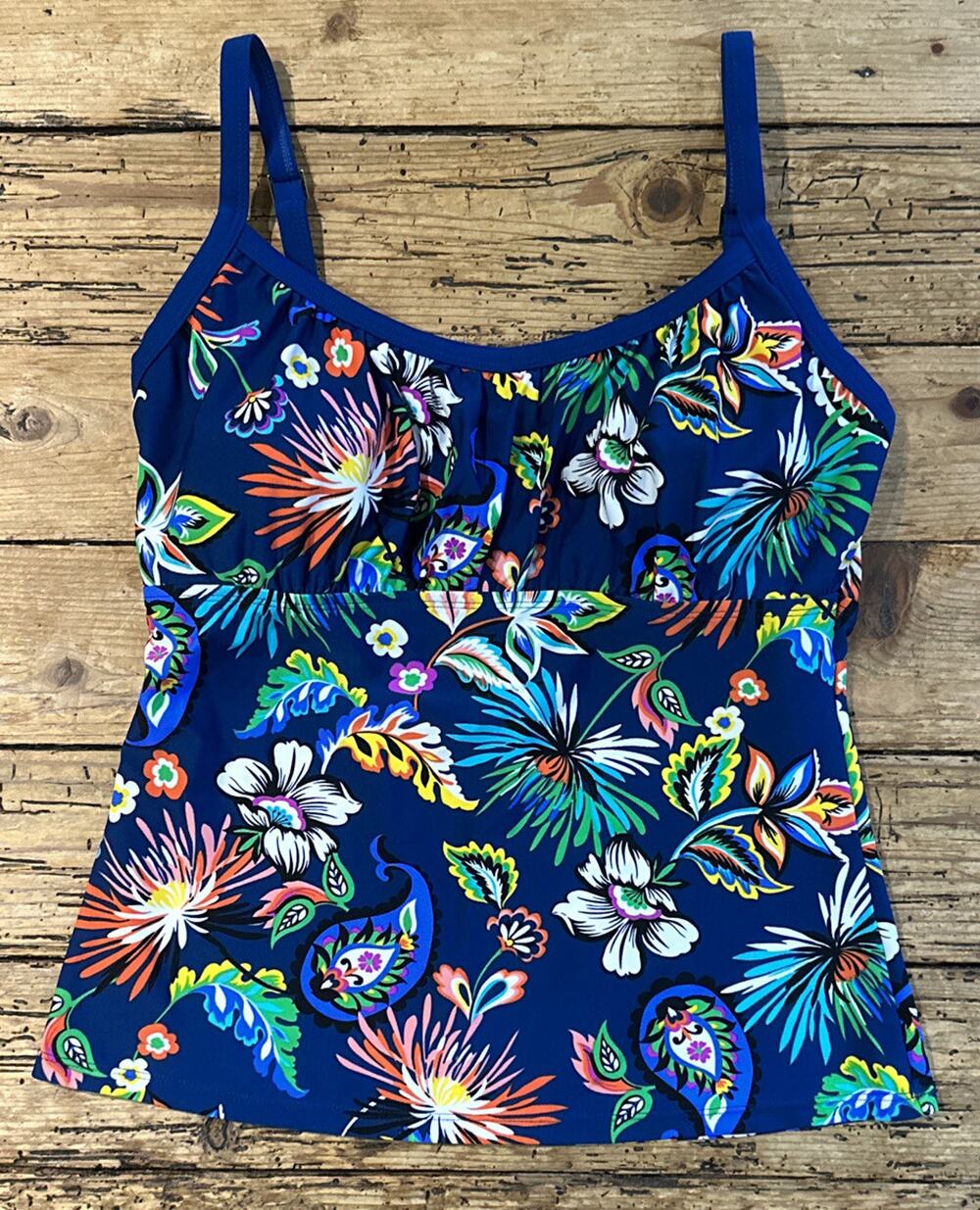 Into The Bleu Women’s Blue Multi Floral Tankini Top Size 10 NWOT